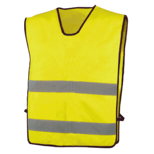 Jardineira de grande visibilidade, de material combinado, cor amarelo.