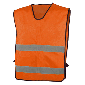 Jardineira de grande visibilidade, de material combinado, cor laranja.