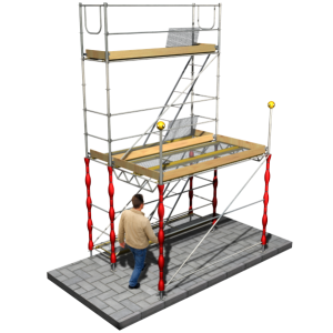 Estrutura de protecção de passagem pedonal junto a andaime de fachada Estrutura de protecção de passagem pedonal junto a andaime de fachada