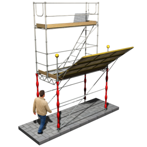 Estrutura de protecção de passagem pedonal sob andaime de fachada com viseira Estrutura de protecção de passagem pedonal sob andaime de fachada com viseira